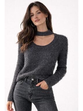 NWT G by Giuliana Fuzzy Knit Scoop Neck Sweater Mock Turtleneck Black Large